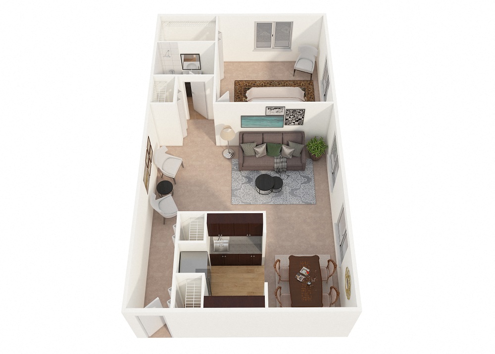 Floor plan for 1 bed, 1 bath, 665 sqft