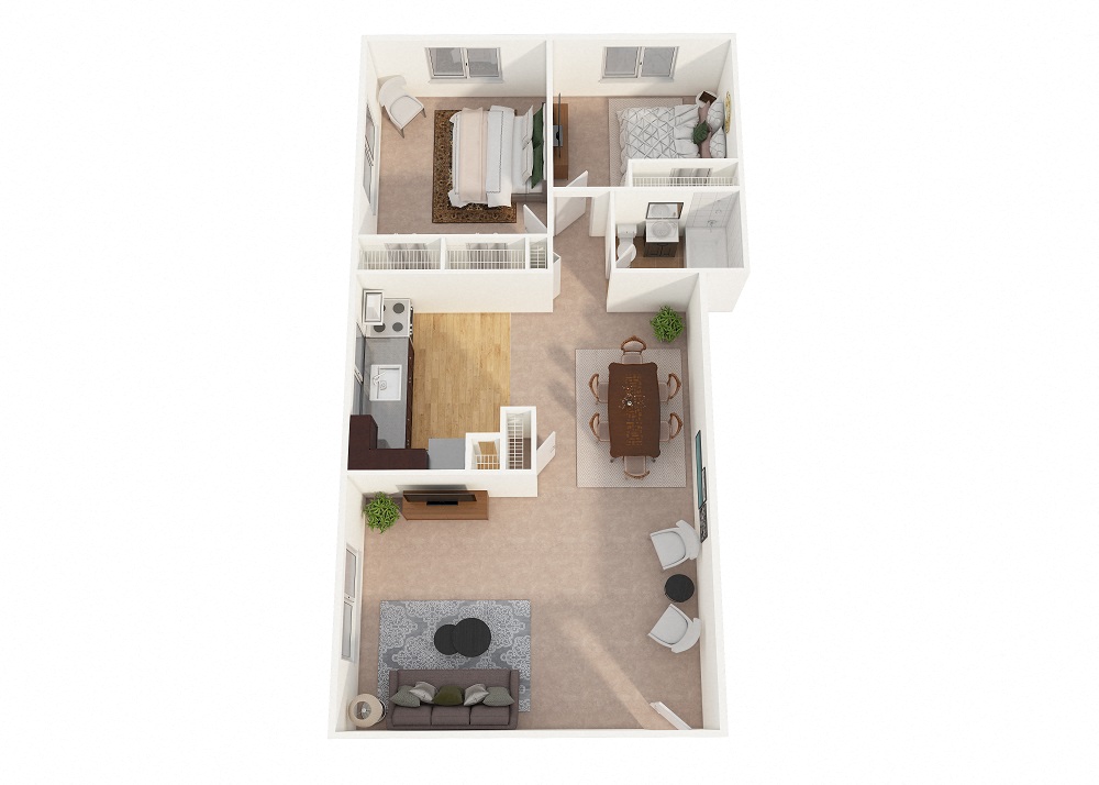Floor plan for 2 beds, 1 bath, 835 sqft