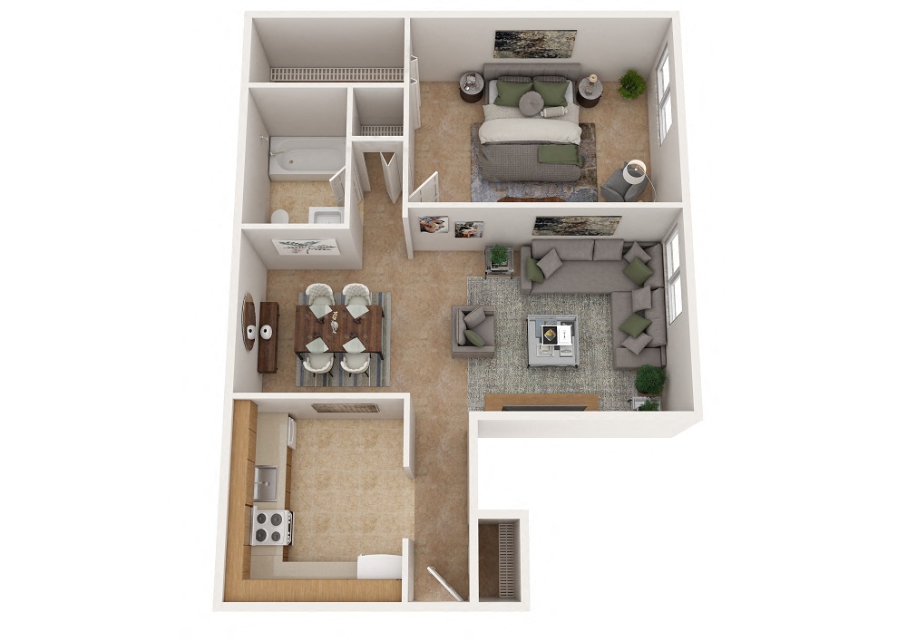 Floor plan for 1 bed, 1 bath, 714 sqft