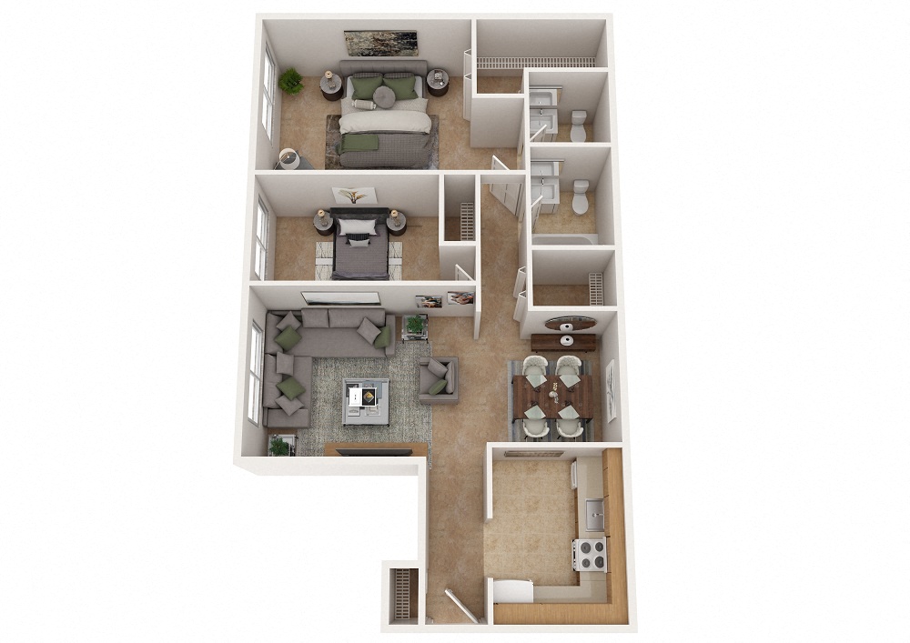 Floor plan for 2 beds, 1.5 baths, 917 sqft