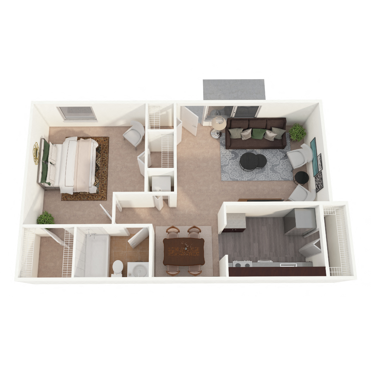Floor plan for 1 bed, 1 bath, 686 sqft