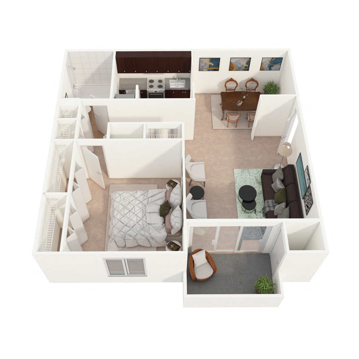 Floor plan for 1 bed, 1 bath, 714 sqft