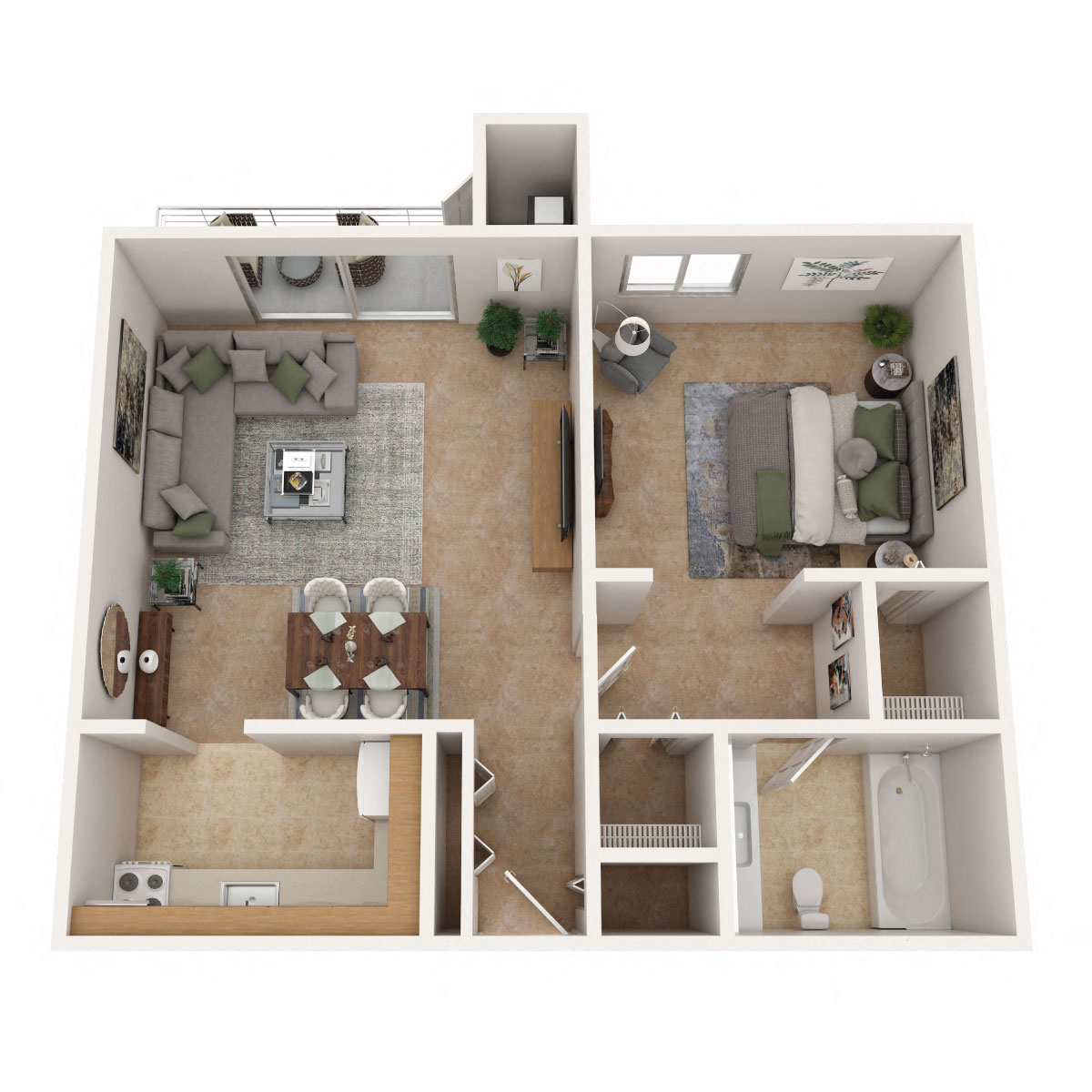 Floor plan for 1 bed, 1 bath, 650 sqft