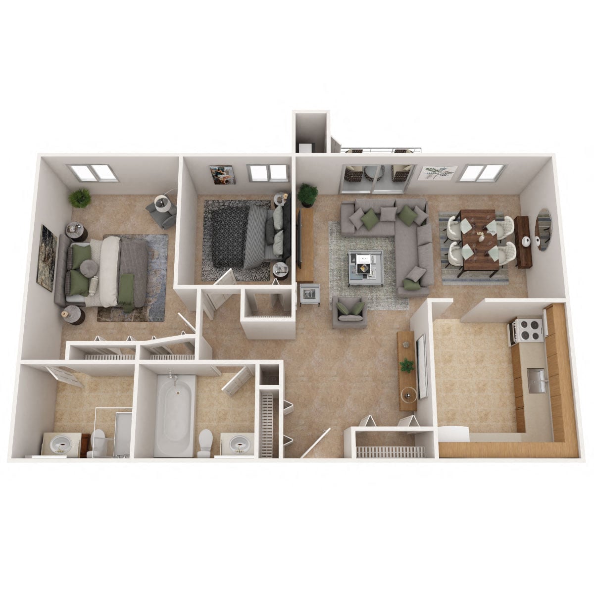 Floor plan for 2 beds, 2 baths, 1000 sqft