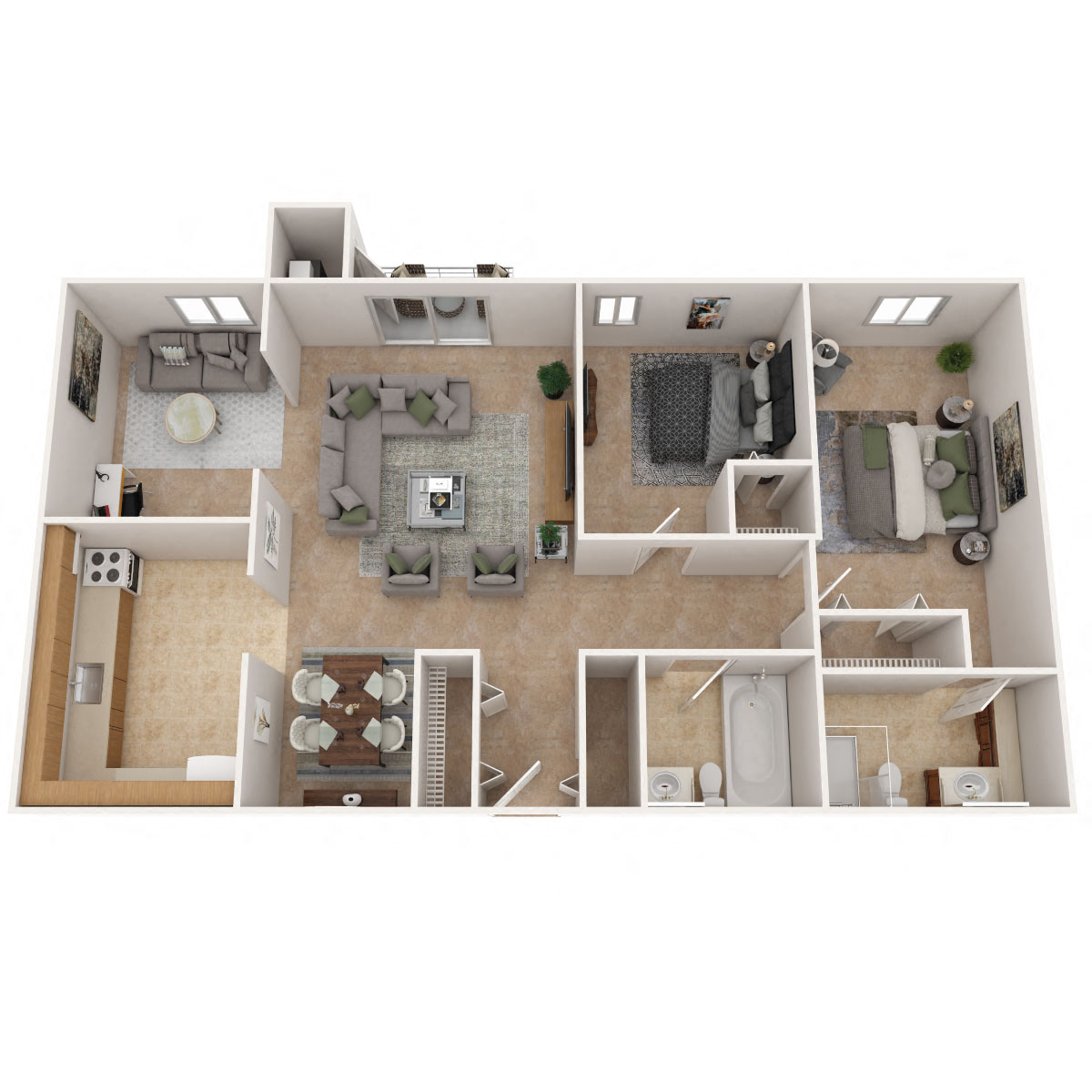 Floor plan for 2 beds, 2 baths, 1100 sqft