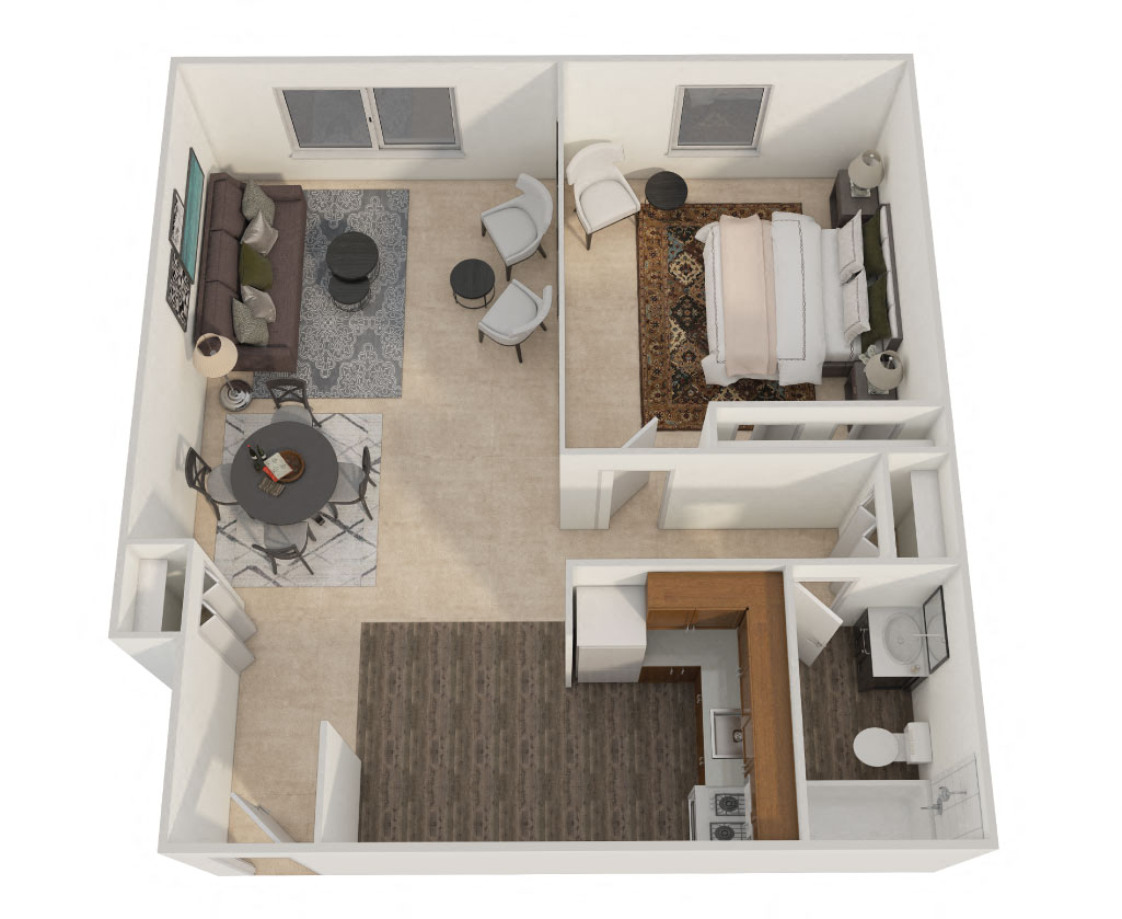 Floor plan for 1 bed, 1 bath, 686 sqft