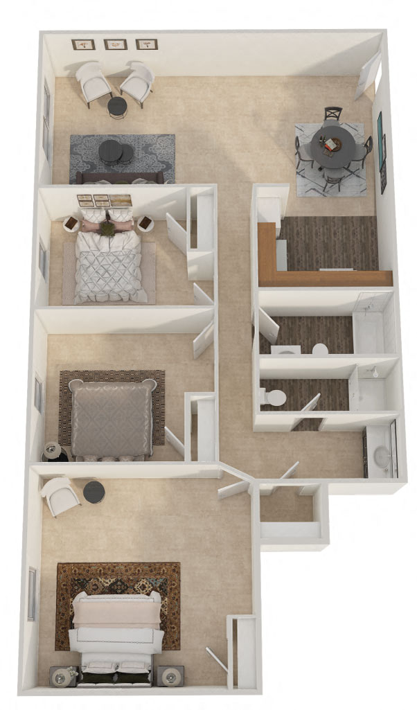 Floor plan for 3 beds, 2 baths, 969 sqft
