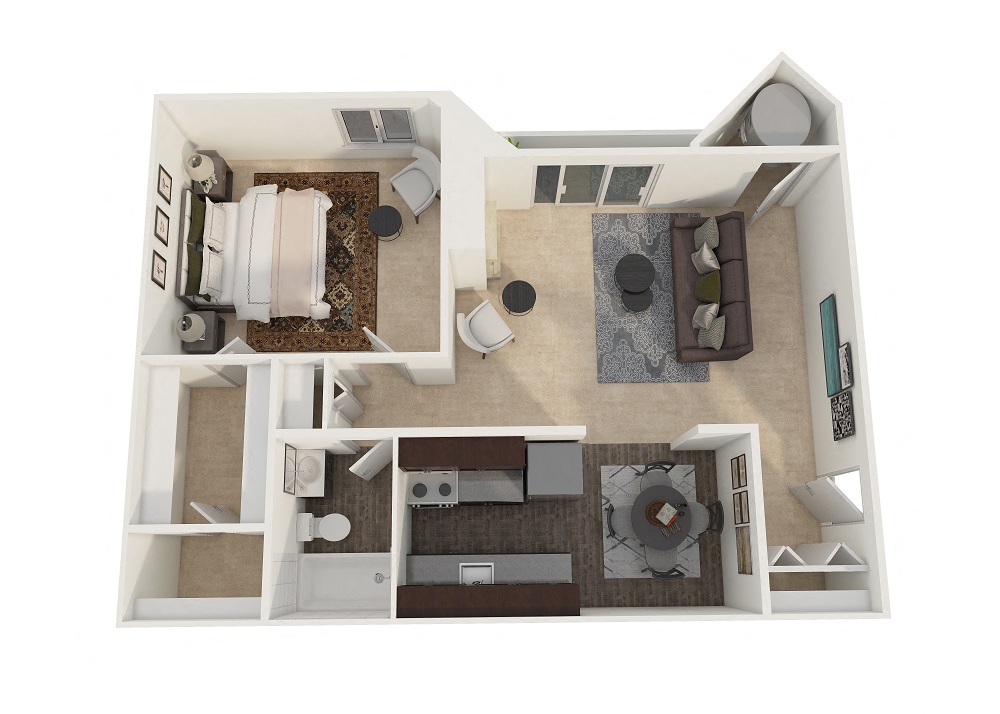 Floor plan for 1 bed, 1 bath, 684 sqft