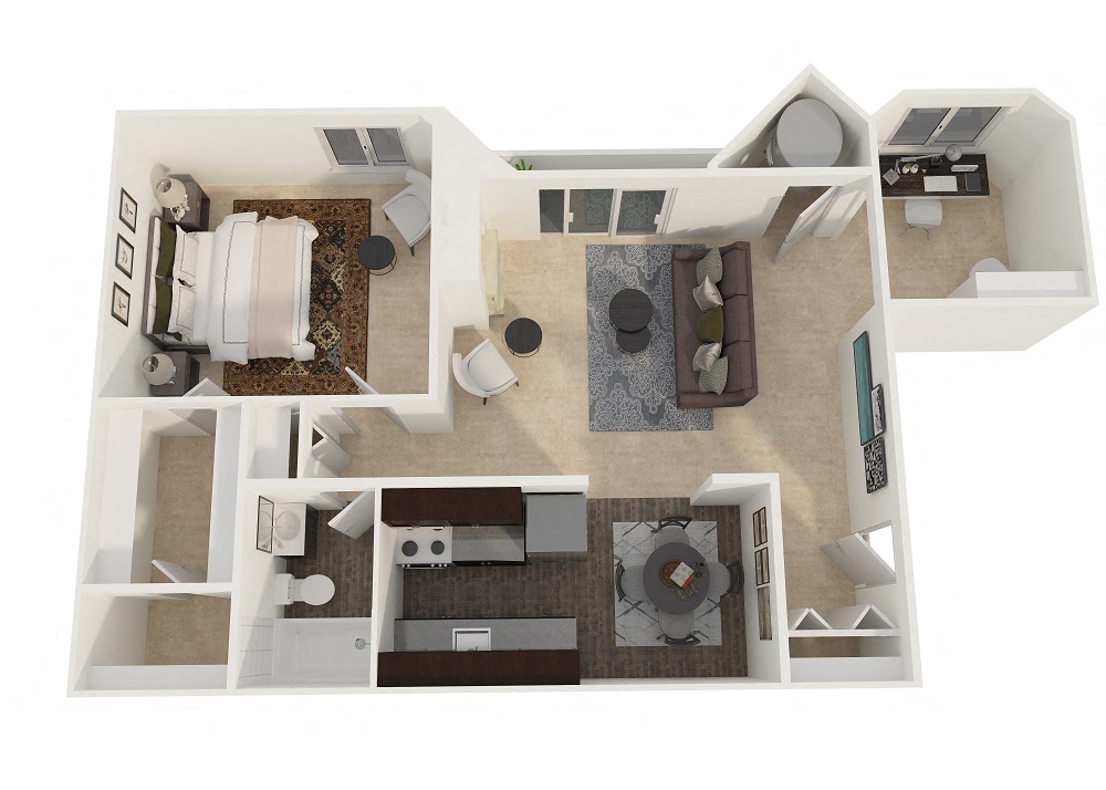 Floor plan for 1 bed, 1 bath, 755 sqft