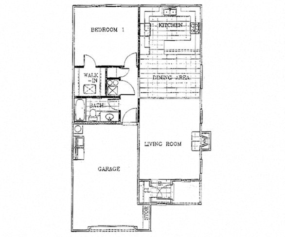 Floor plan for 1 bed, 1 bath, 884 sqft