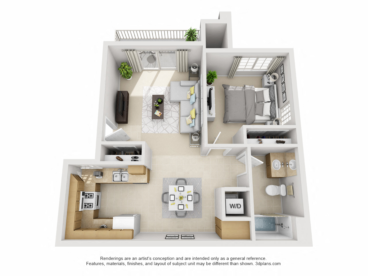 Floor plan for 1 bed, 1 bath, 702 sqft