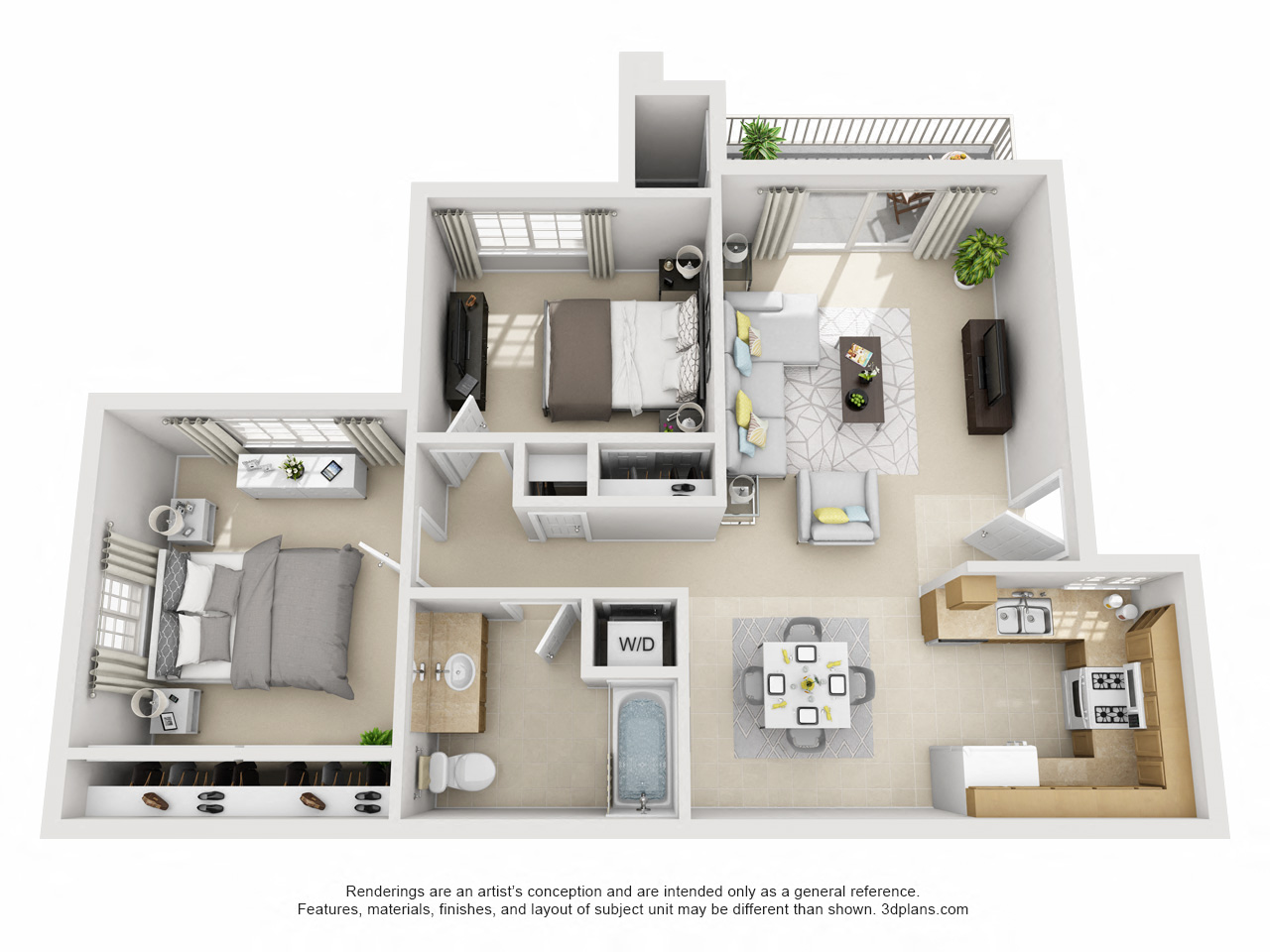 Floor plan for 2 beds, 1 bath, 854 sqft