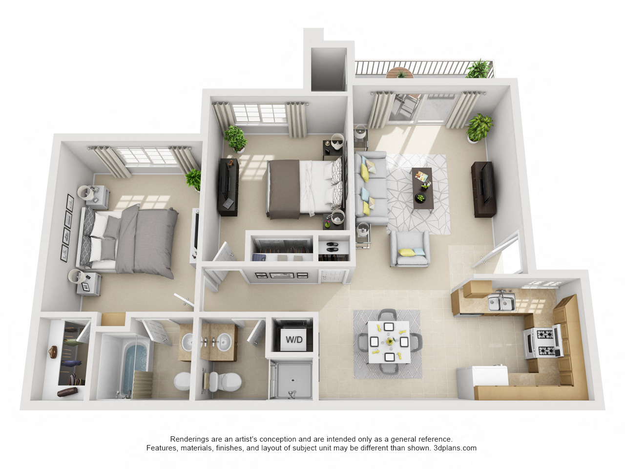 Floor plan for 2 beds, 2 baths, 954 sqft