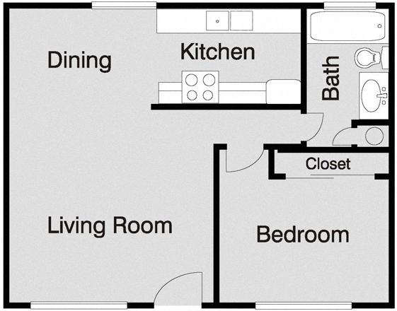 Floor plan for 1 bed, 1 bath, 624 sqft
