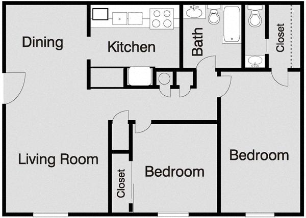 Floor plan for 2 beds, 1 bath, 896 sqft