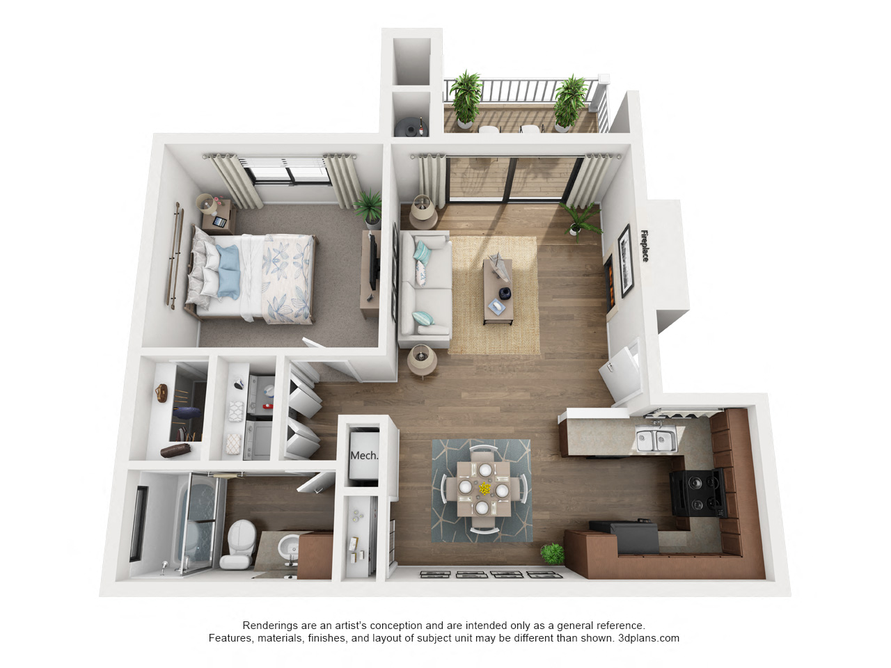 Floor plan for 1 bed, 1 bath, 642 sqft