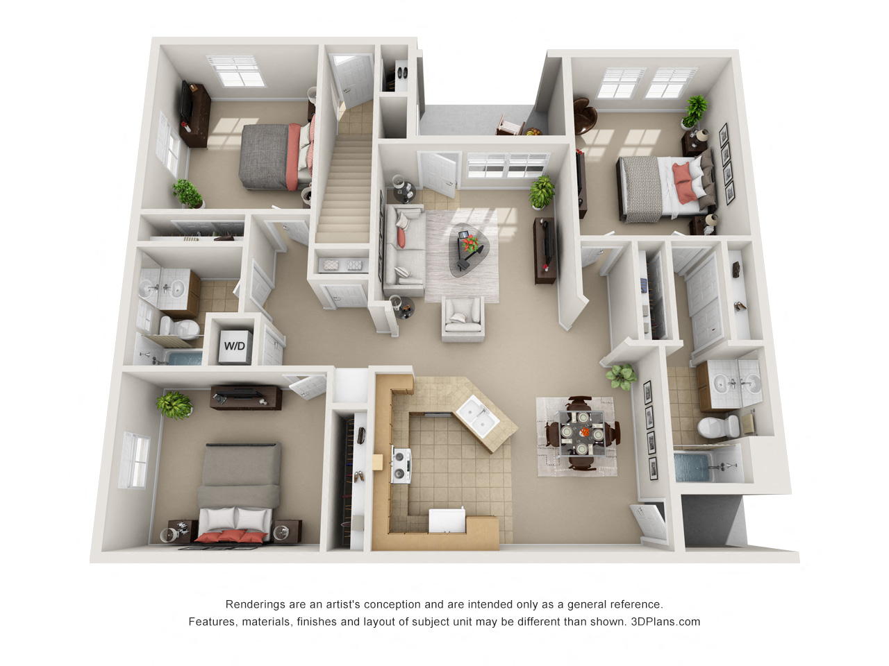 Floor plan for 3 beds, 2 baths, 1423 sqft