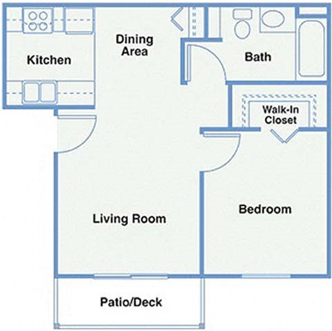 Floor plan for 1 bed, 1 bath, 581 sqft