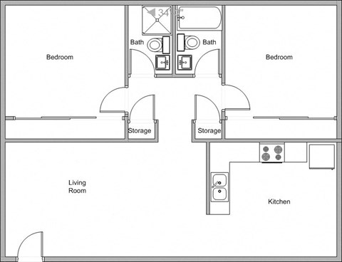 Floor plan for 2 beds, 2 baths, 925 sqft