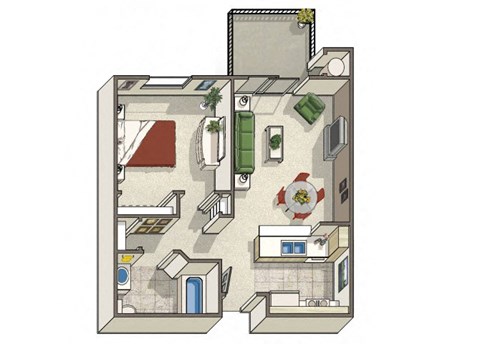 Floor plan for 1 bed, 1 bath, 673 sqft