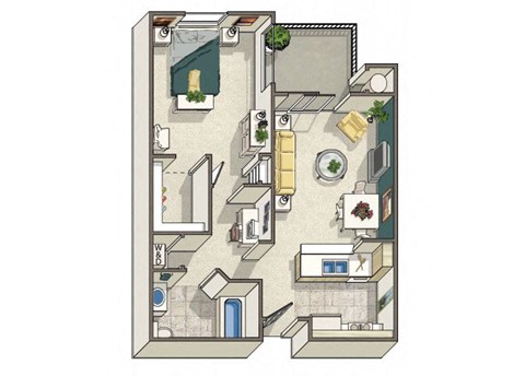 Floor plan for 1 bed, 1 bath, 673 sqft