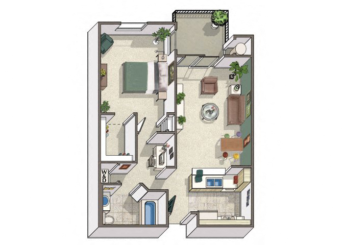 Floor plan for 1 bed, 1 bath, 710 sqft