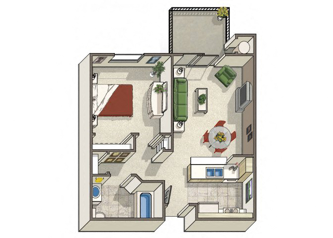 Floor plan for 1 bed, 1 bath, 650 sqft