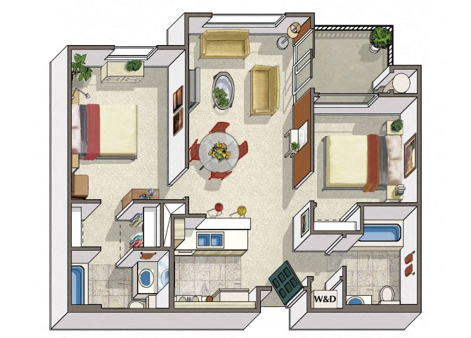 Floor plan for 2 beds, 2 baths, 867 sqft