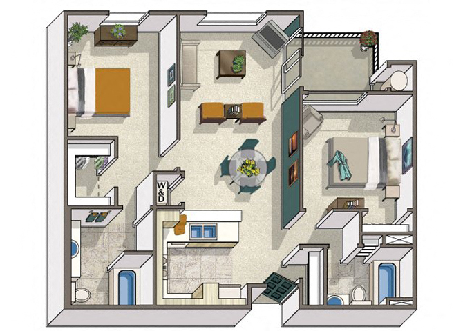 Floor plan for 2 beds, 2 baths, 987 sqft