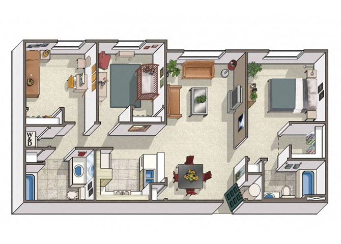 Floor plan for 3 beds, 2 baths, 1035 sqft