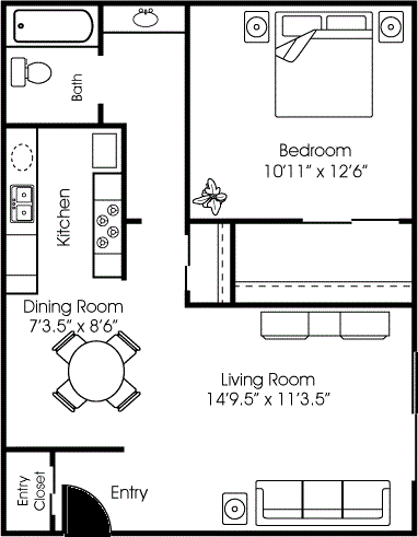 Floor plan for 1 bed, 1 bath, 600 sqft