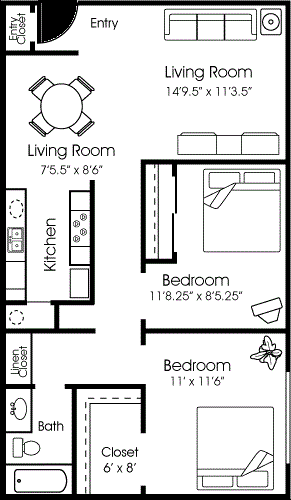 Floor plan for 2 beds, 1 bath, 800 sqft