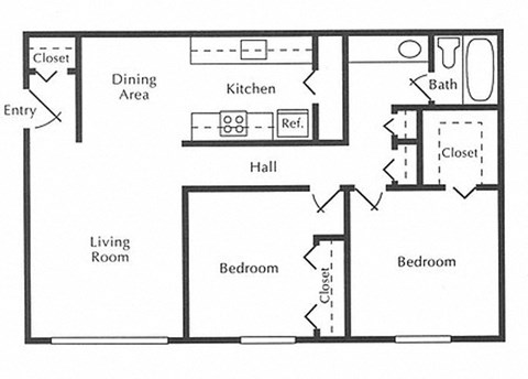 Floor plan for 2 beds, 1 bath, 828 sqft