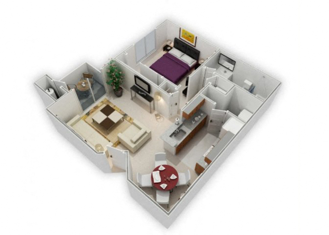 Floor plan for 1 bed, 1 bath, 704 sqft