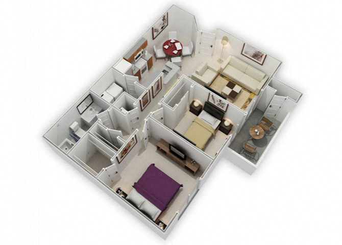Floor plan for 2 beds, 1 bath, 906 sqft