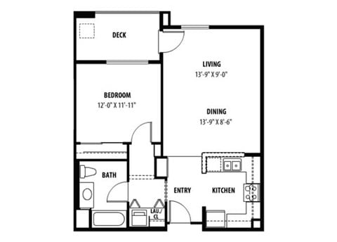 Floor plan for 1 bed, 1 bath, 698 sqft