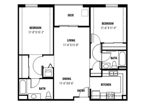Floor plan for 2 beds, 2 baths, 934 sqft