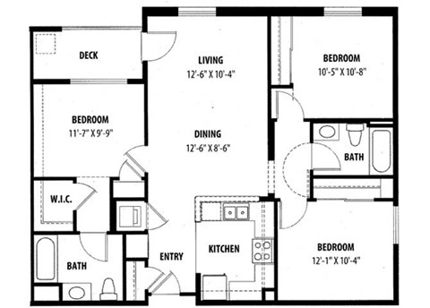 Floor plan for 3 beds, 2 baths, 1036 sqft