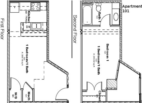 Floor plan for 1 bed, 1 bath, 659 sqft