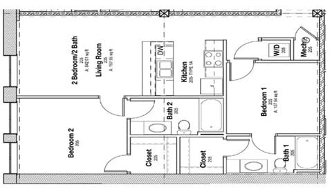 Floor plan for 2 beds, 2 baths, 842 sqft
