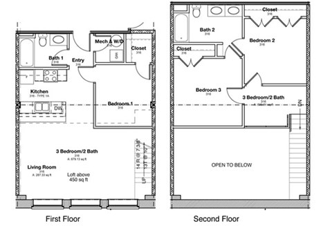 Floor plan for 3 beds, 2 baths, 1162 sqft