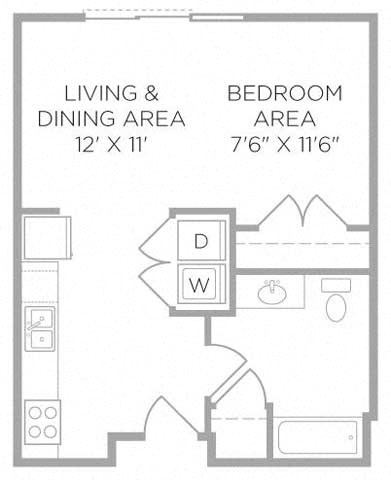 Floor plan for studio, 1 bath, 486 sqft
