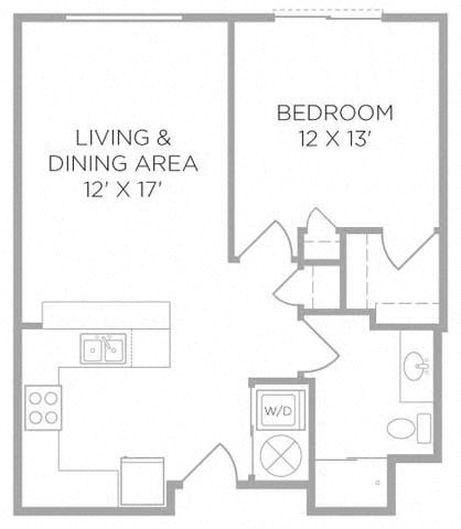 Floor plan for 1 bed, 1 bath, 646 sqft