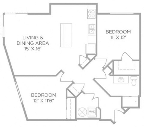 Floor plan for 2 beds, 1 bath, 940 sqft