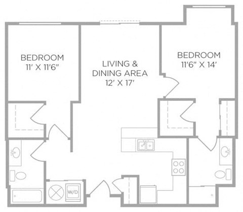 Floor plan for 2 beds, 2 baths, 967 sqft