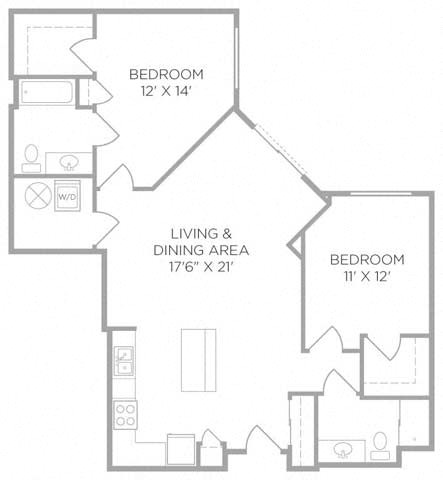 Floor plan for 2 beds, 2 baths, 1050 sqft