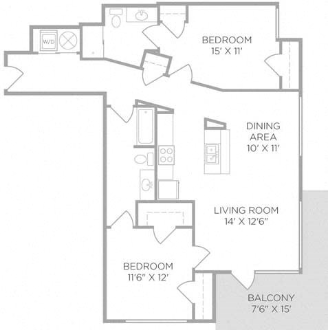 Floor plan for 2 beds, 2 baths, 1075 sqft