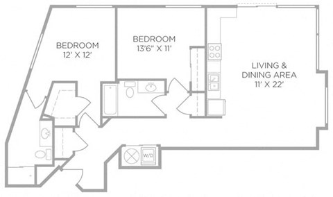 Floor plan for 2 beds, 2 baths, 1075 sqft
