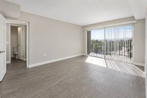 Lake Balboa apartment for rent - an empty living room with a large window and wood flooring