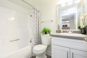Los Angeles apartment for rent - a white bathroom with a shower and a toilet and a sink